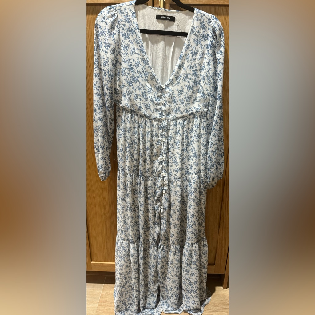 Sugar Lips French Blue Floral Maxi Dress With Front Buttons Long Sleeve